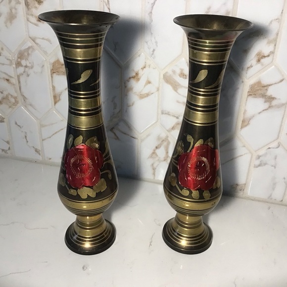 Vintage Made in India Brass Combo Vase / Reversible Candlestick – 10" Floral - Picture 4 of 8